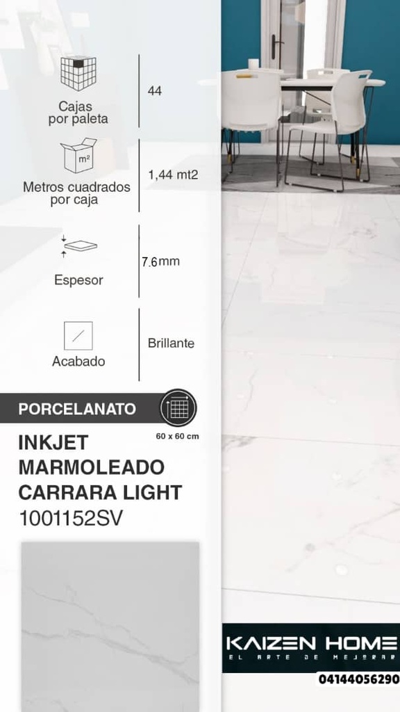 PORCELANATO INKJET MARMOLEADO CARRARA LIGHT 60*60 CAJA 1.44MT2