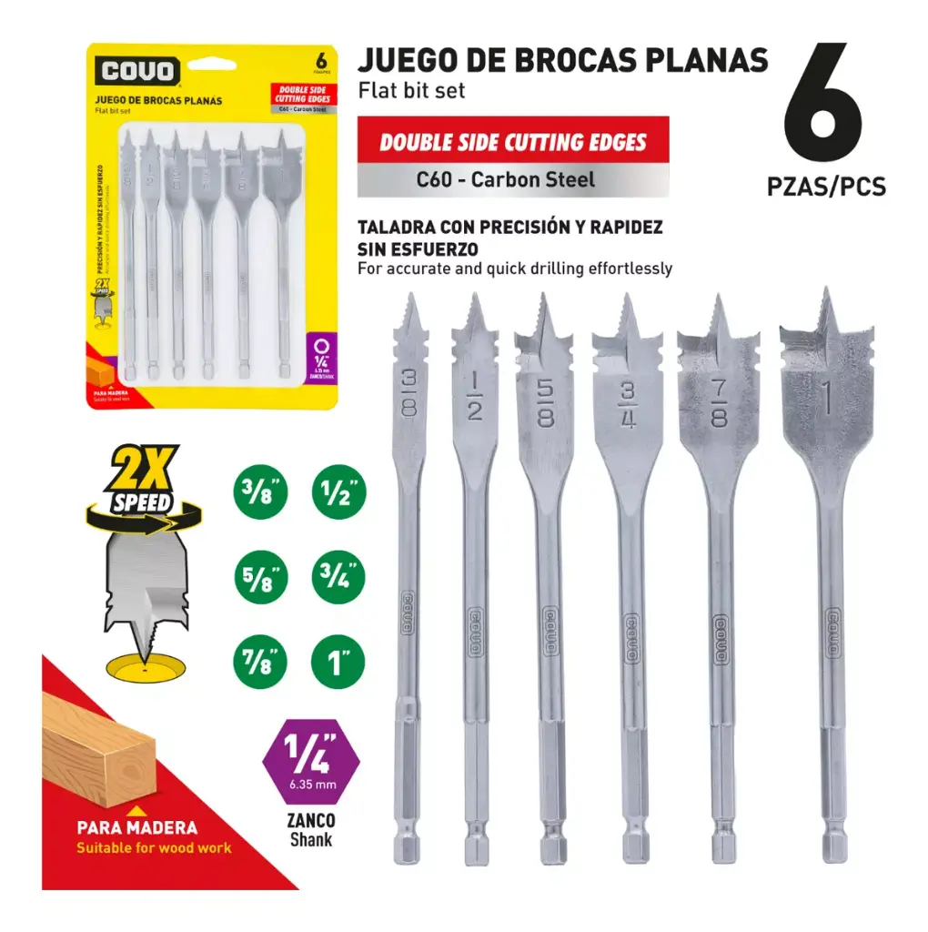 JUEGO DE MECHAS O BROCAS PLANAS PARA MADERA 6UNDS COVO 9-592