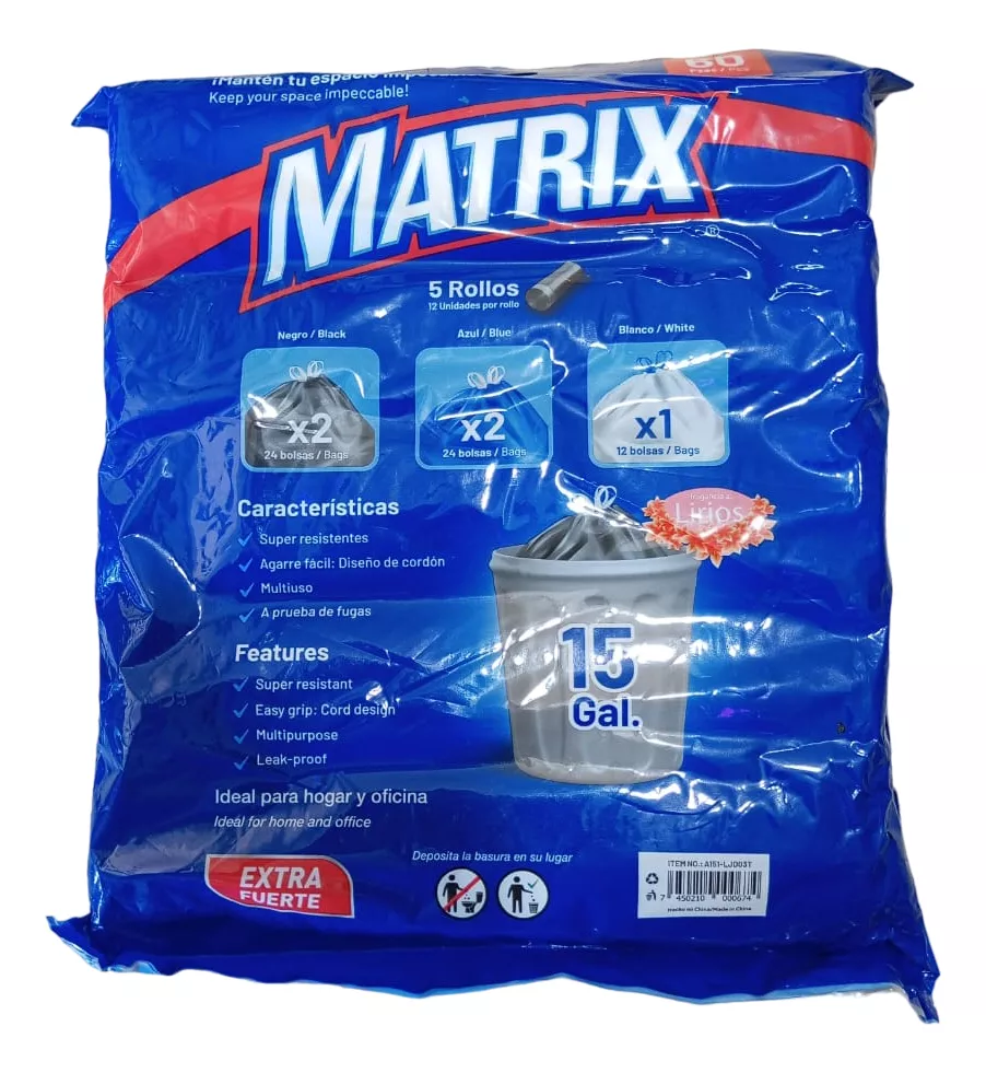 BOLSA DE BASURA 60X70CM 15 GAL X 60 UNDS MATRIX 9-673