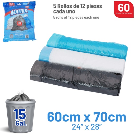 BOLSA DE BASURA 60X70CM 15 GAL X 60 UNDS MATRIX 9-673