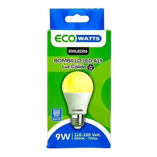 [EWLED06] BOMBILLO LED A19 3000K 9W E27 ECOWATTS 110-130V