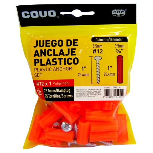 [CV-RP-3-8-1] RAMPLUG PLASTICO 1 X 3/8 50 PIEZAS NARANJA COVO 