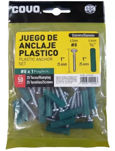 [CV-PPS-8X1] TORNILLOS CON RAMPLUG 8 X 1 VERDE 50 PIEZAS COVO   